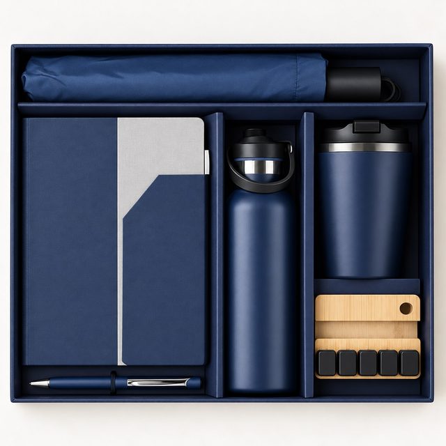 Blue All in 1 Gift Set: Notebook, Pen, Bottle, Mug, Umbrella & Stress Buster