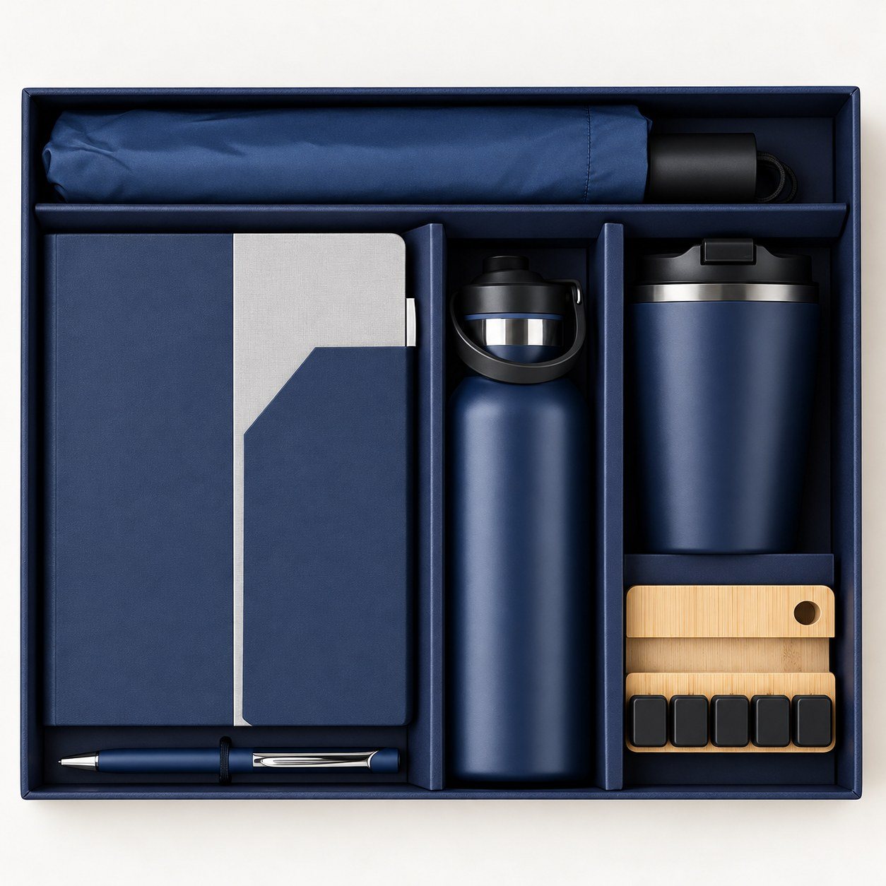 Click to zoom Blue All in 1 Gift Set: Notebook, Pen, Bottle, Mug, Umbrella & Stress Buster