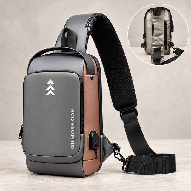 Gilmore Oak Unisex Sling Bag with USB port in Grey/Brown, event giveaway