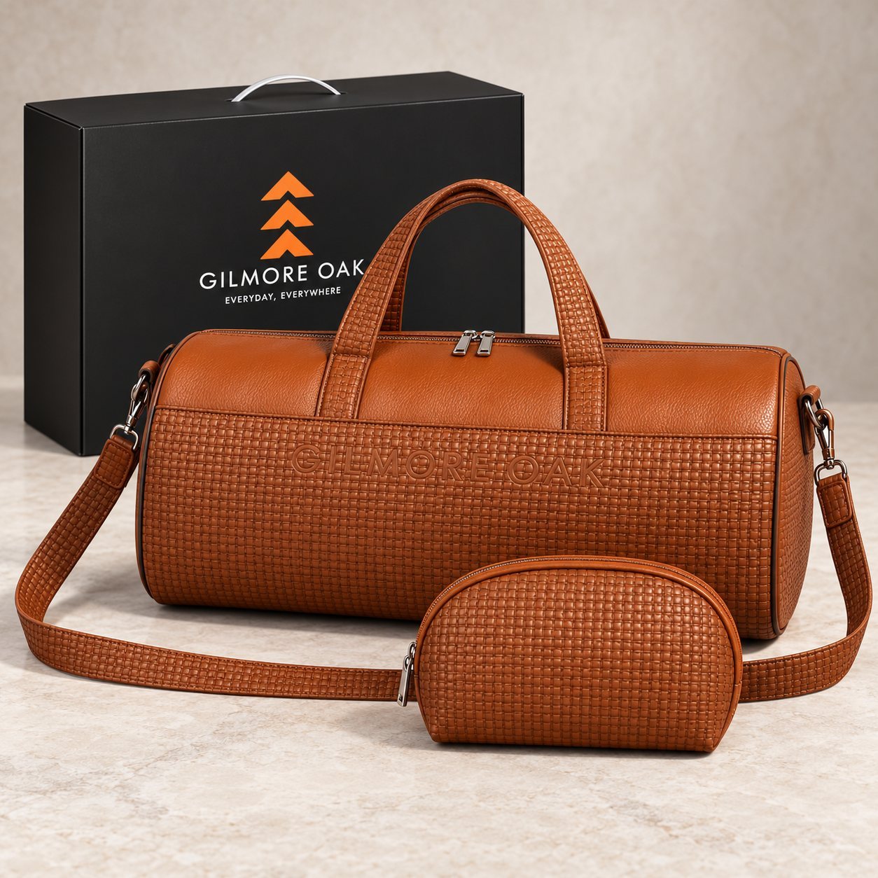 Click to zoom Gilmore Oak Herron Collection 2 Pc Combo (Duffle + Pouch) in Tan, bulk order with company logo