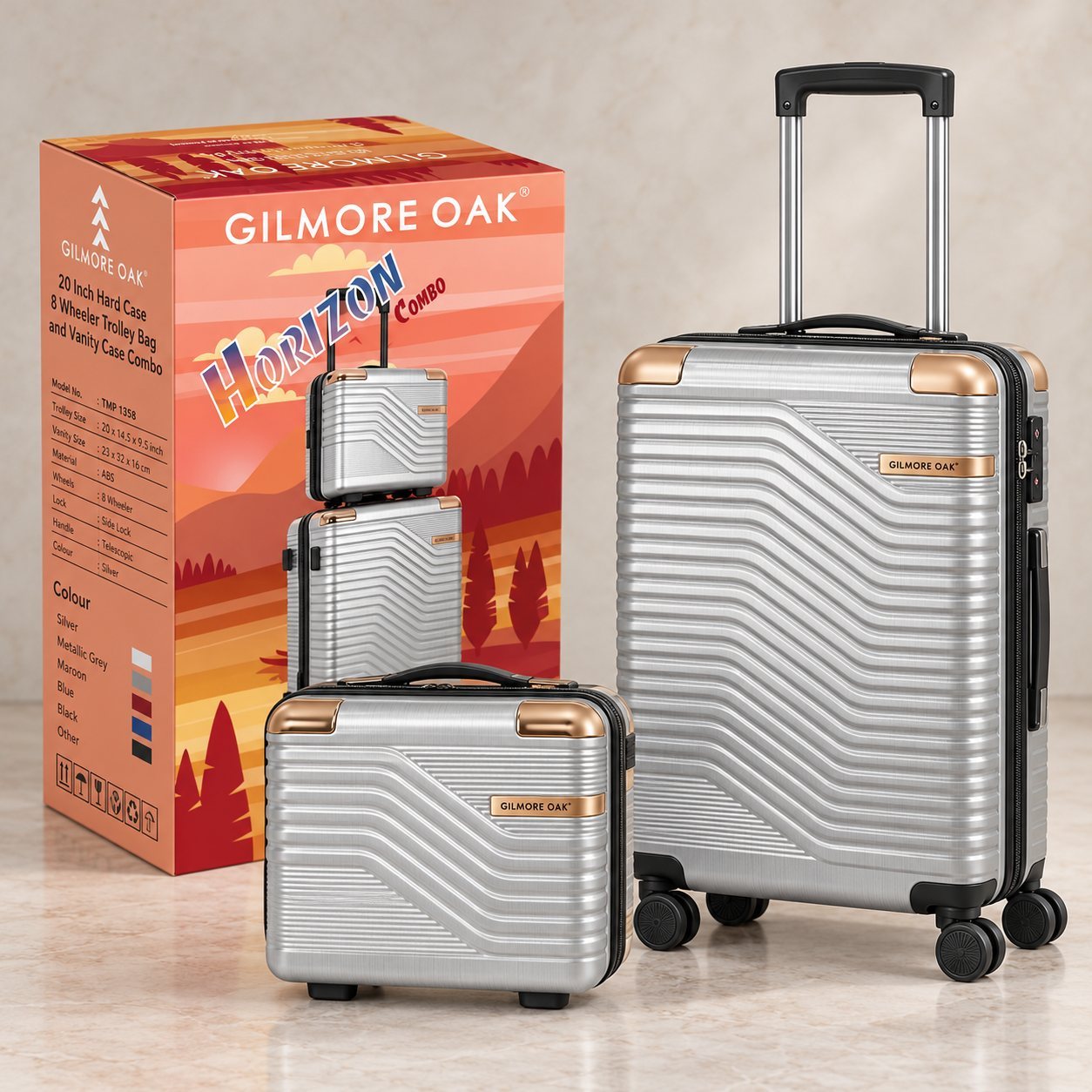 Click to zoom Gilmore Oak Horizon 20 inch Trolley & Elva Vanity Case Set in Silver Metallic, bulk order with company logo