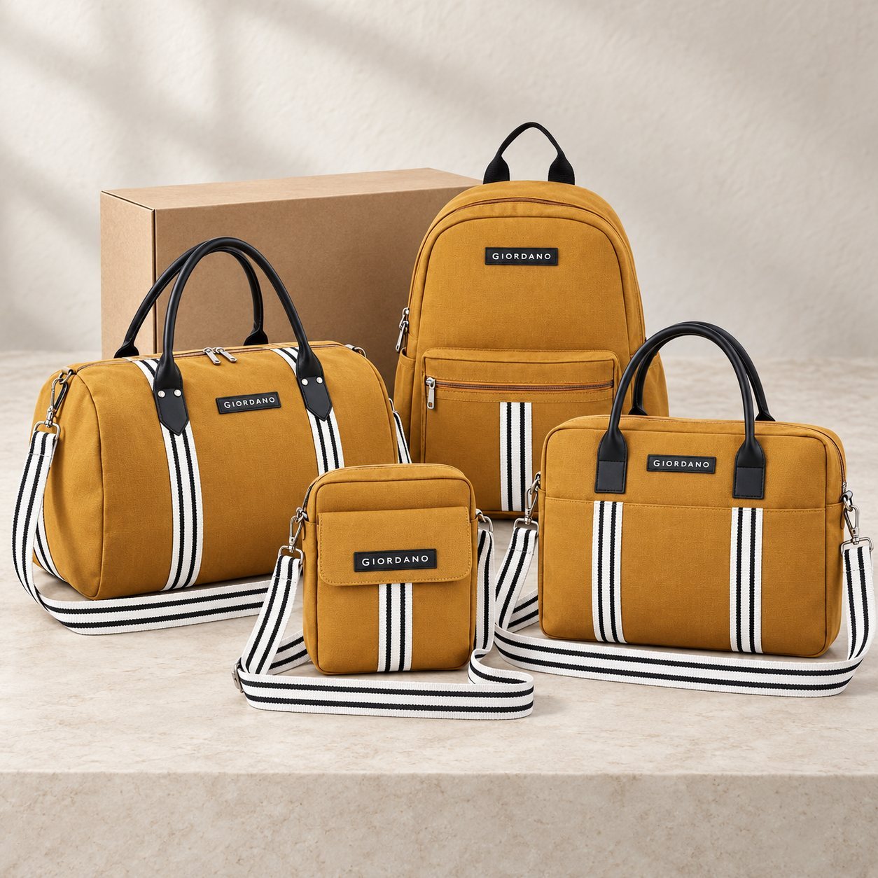 Click to zoom Giordano Eco-Pack Combo (Duffel + Laptop + Backpack + Sling, boxed) in Mustard, annual day gift