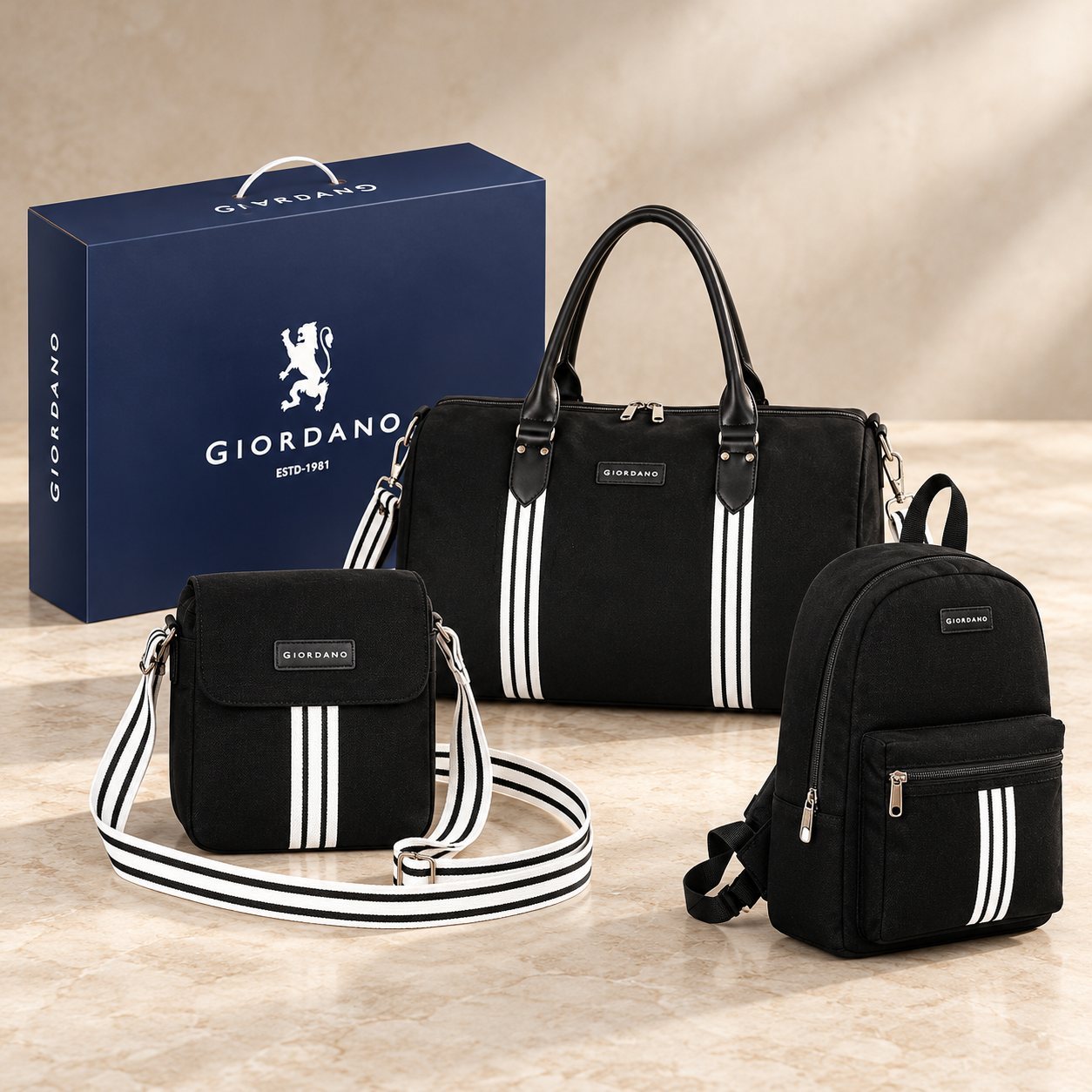 Click to zoom Giordano Victor Combo (Duffle + Sling + Backpack, boxed) in Black, bulk order with company logo