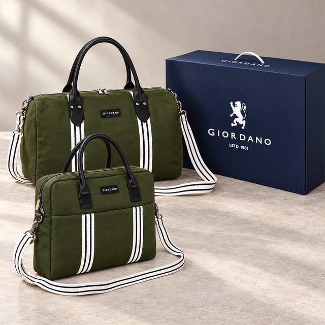Giordano Stripes Combo (Duffle + Laptop Bag, boxed) in Olive, festive gifting