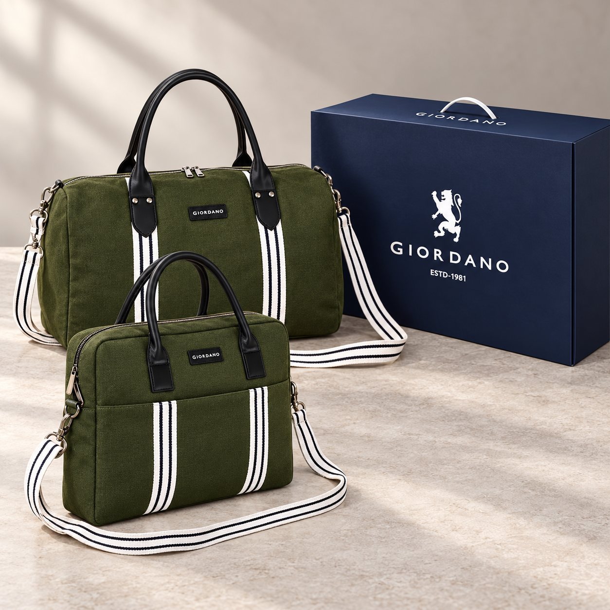 Click to zoom Giordano Stripes Combo (Duffle + Laptop Bag, boxed) in Olive, festive gifting