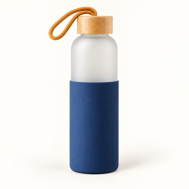 Frosted Glass Bottle with Sleeve & Bamboo Cap, 650 ml