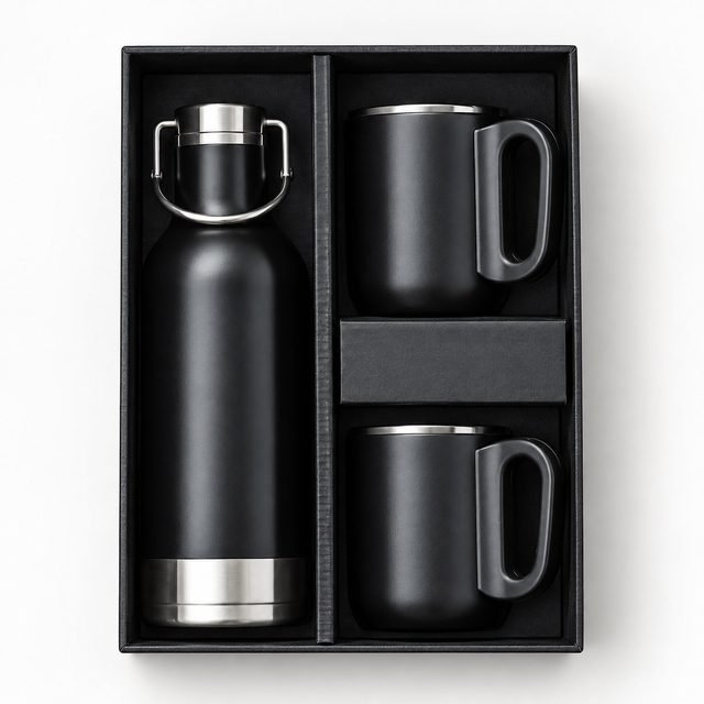 Hot & Cold Bottle and 2 Mugs Gift Set (Black)