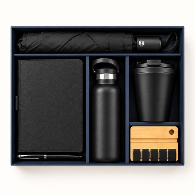 Black All in 1 Gift Set: Notebook, Pen, Bottle, Mug, Umbrella & Stress Buster
