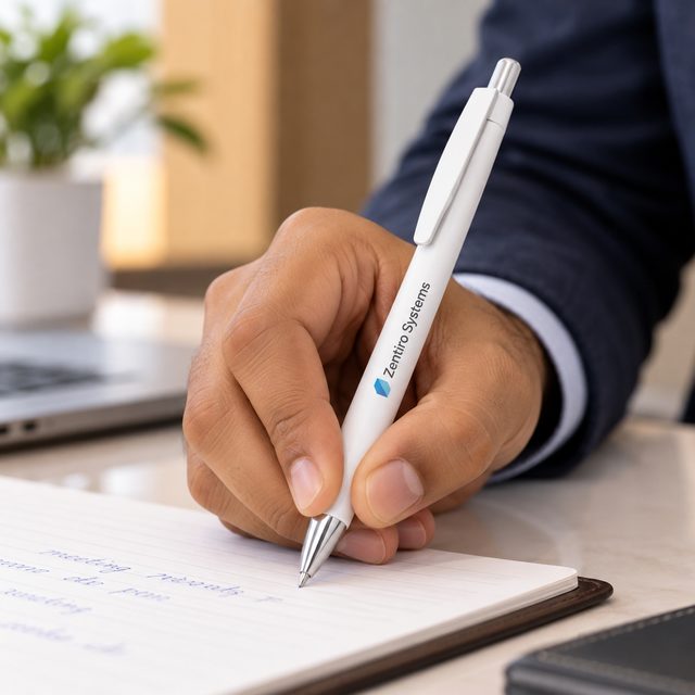 White Click Pen with Chrome Tip, customised with a company logo