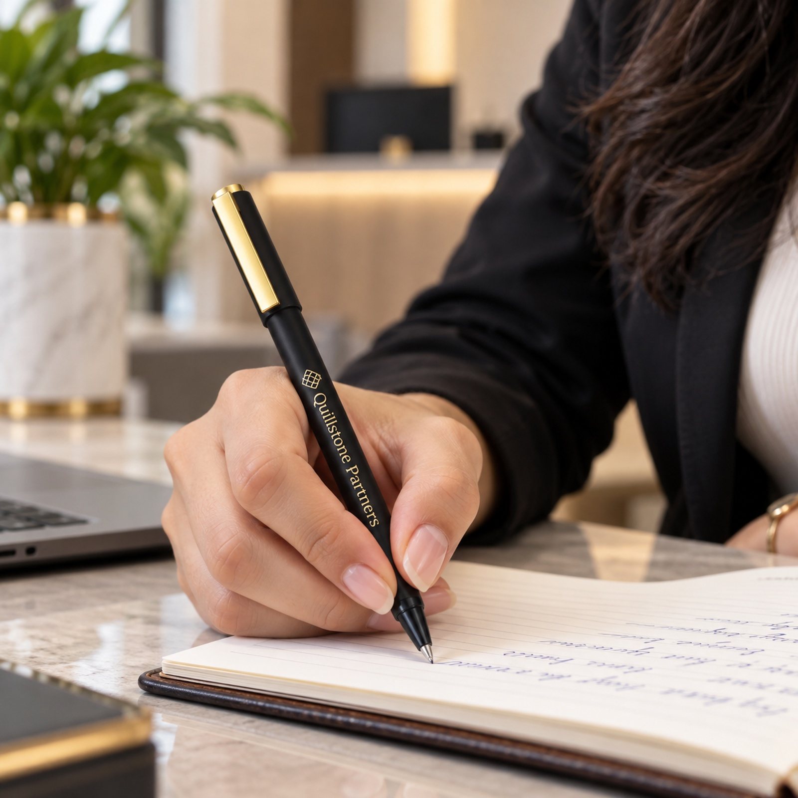 Click to zoom Capped Pen with Gold Clip (Black, Navy) in Black, customised with a company logo
