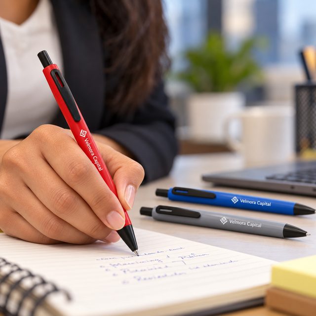 Colour Click Pen with Black Clip (Red, Blue, Grey) in Red, customised with a company logo