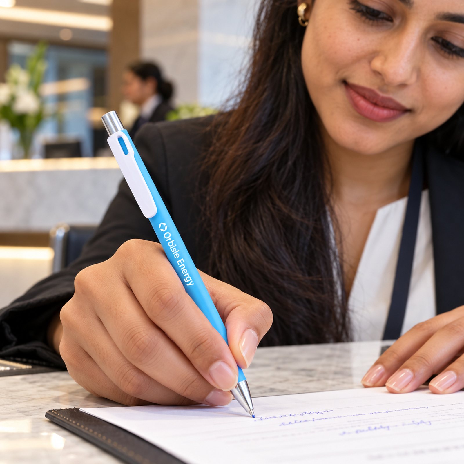 Click to zoom Slim Click Pen with Chrome Tip (Blue, Orange, White) in Blue, customised with a company logo