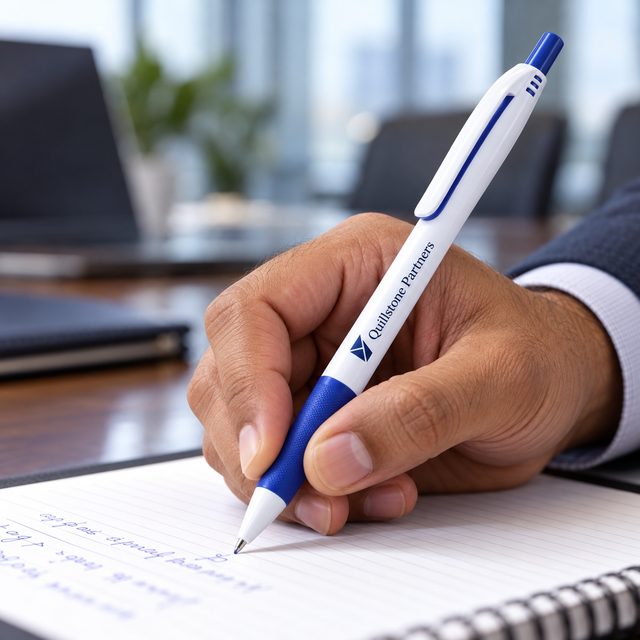White Grip Pen with Coloured Trim (Blue, Red) in Blue, customised with a company logo