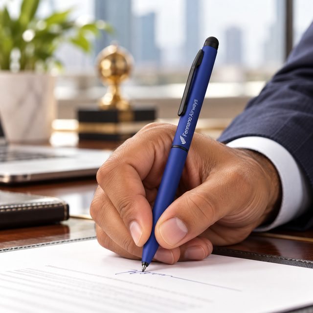 Blue Metal Pen with Black Clip, customised with a company logo