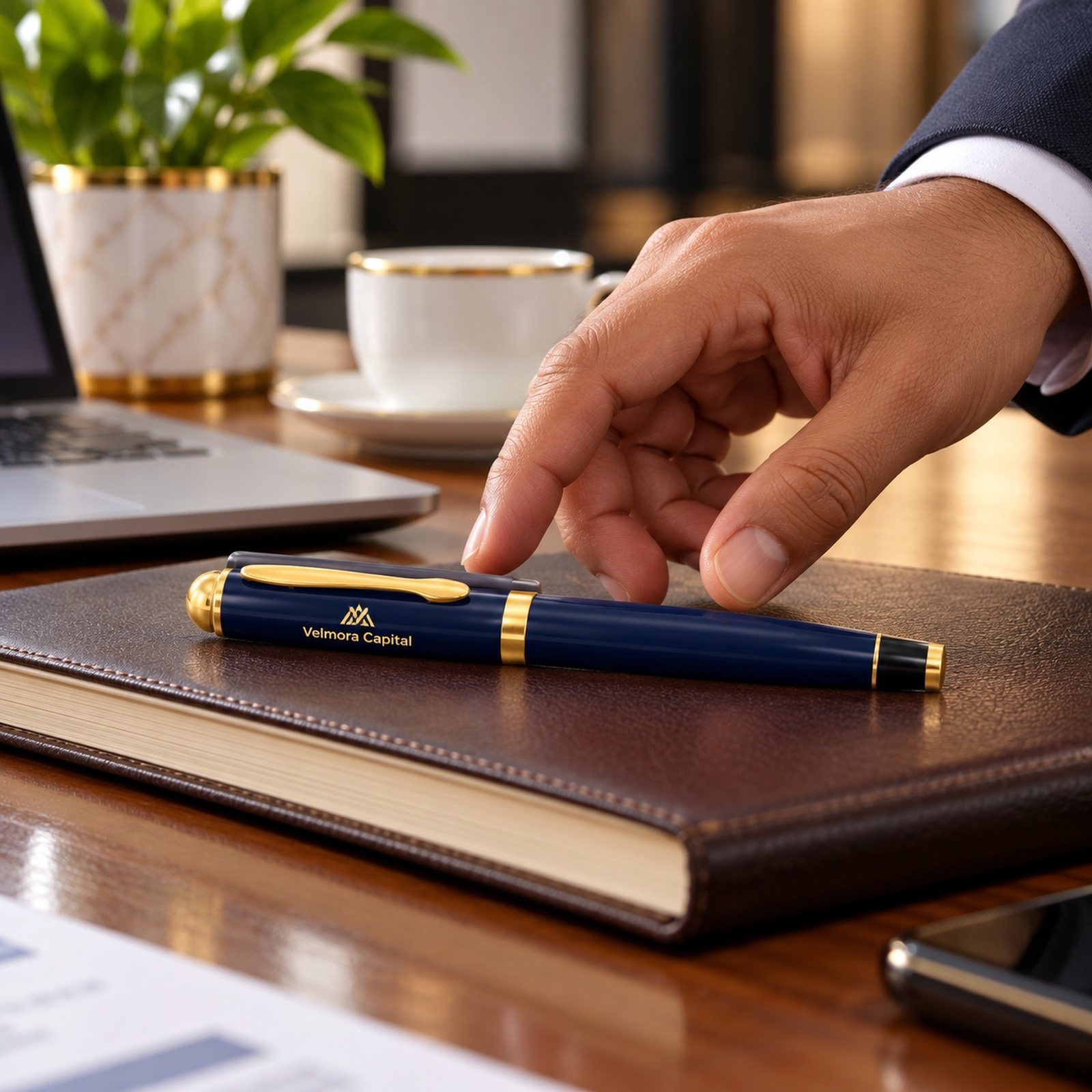Click to zoom Navy Lacquer Roller Pen with Gold Trim, customised with a company logo