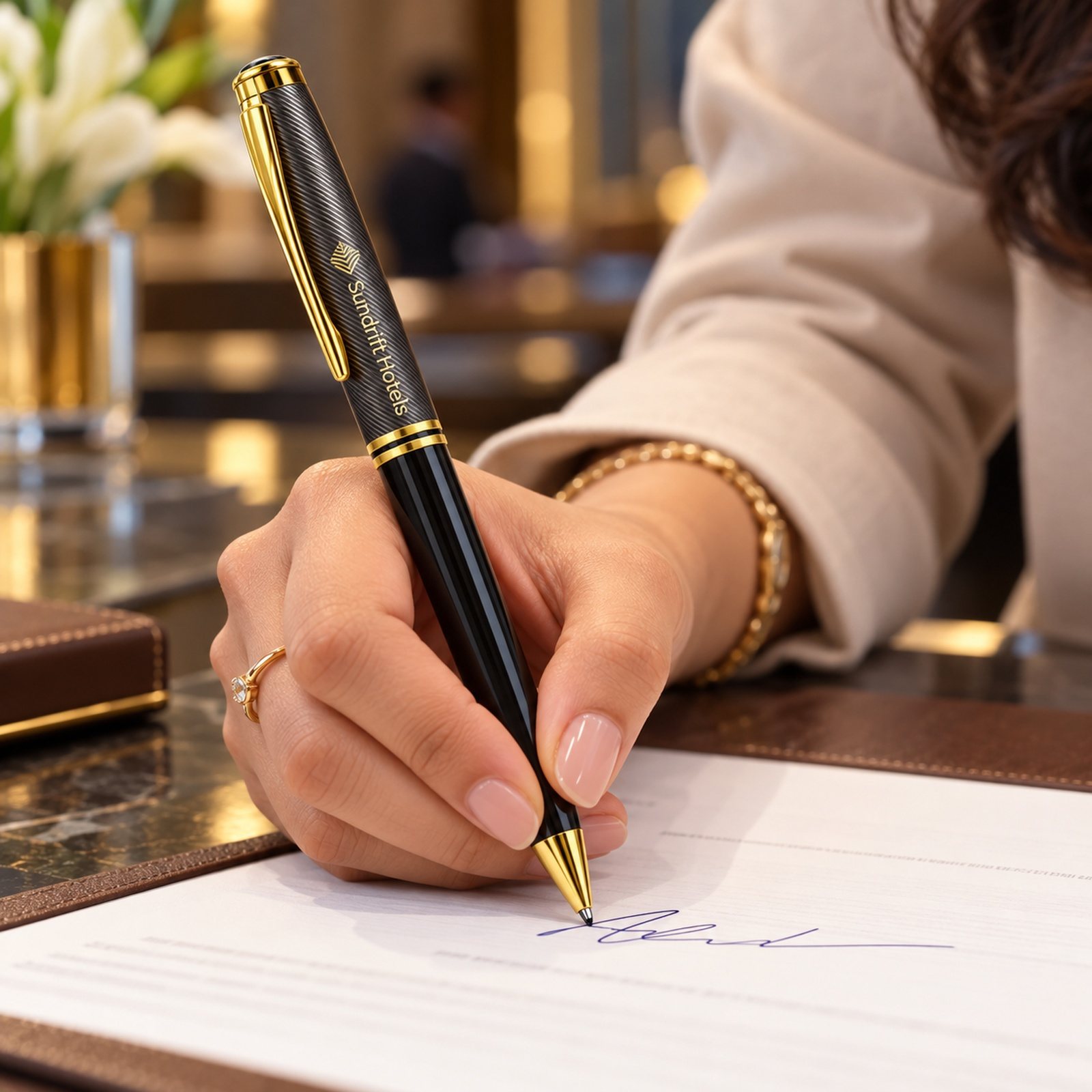Click to zoom Black & Carbon Ball Pen with Gold Trim, customised with a company logo