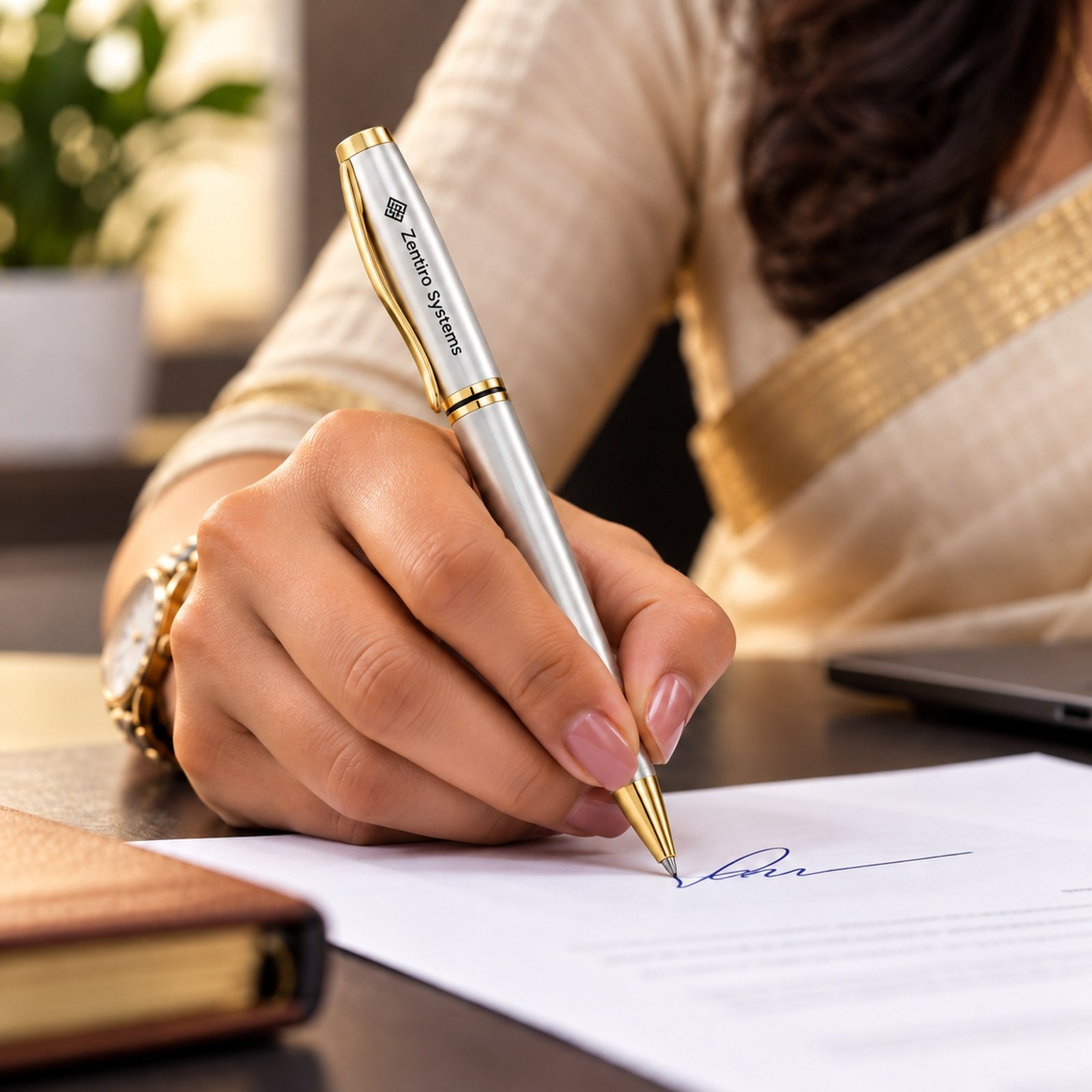 Silver Ball Pen with Gold Trim, customised with a company logo