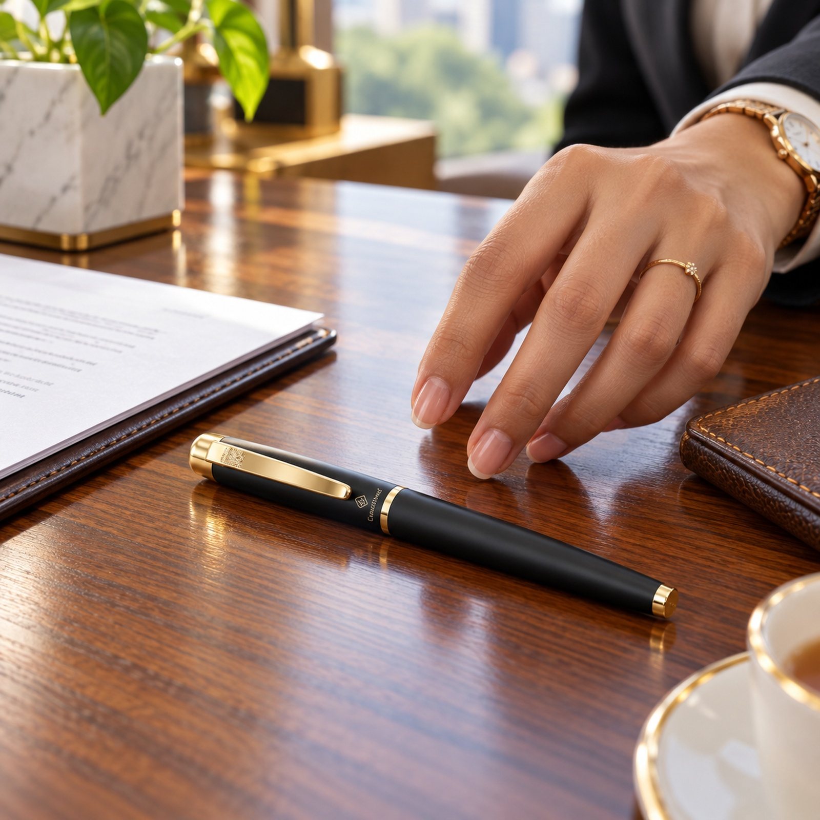 Matte Black Roller Pen with Gold Trim, customised with a company logo