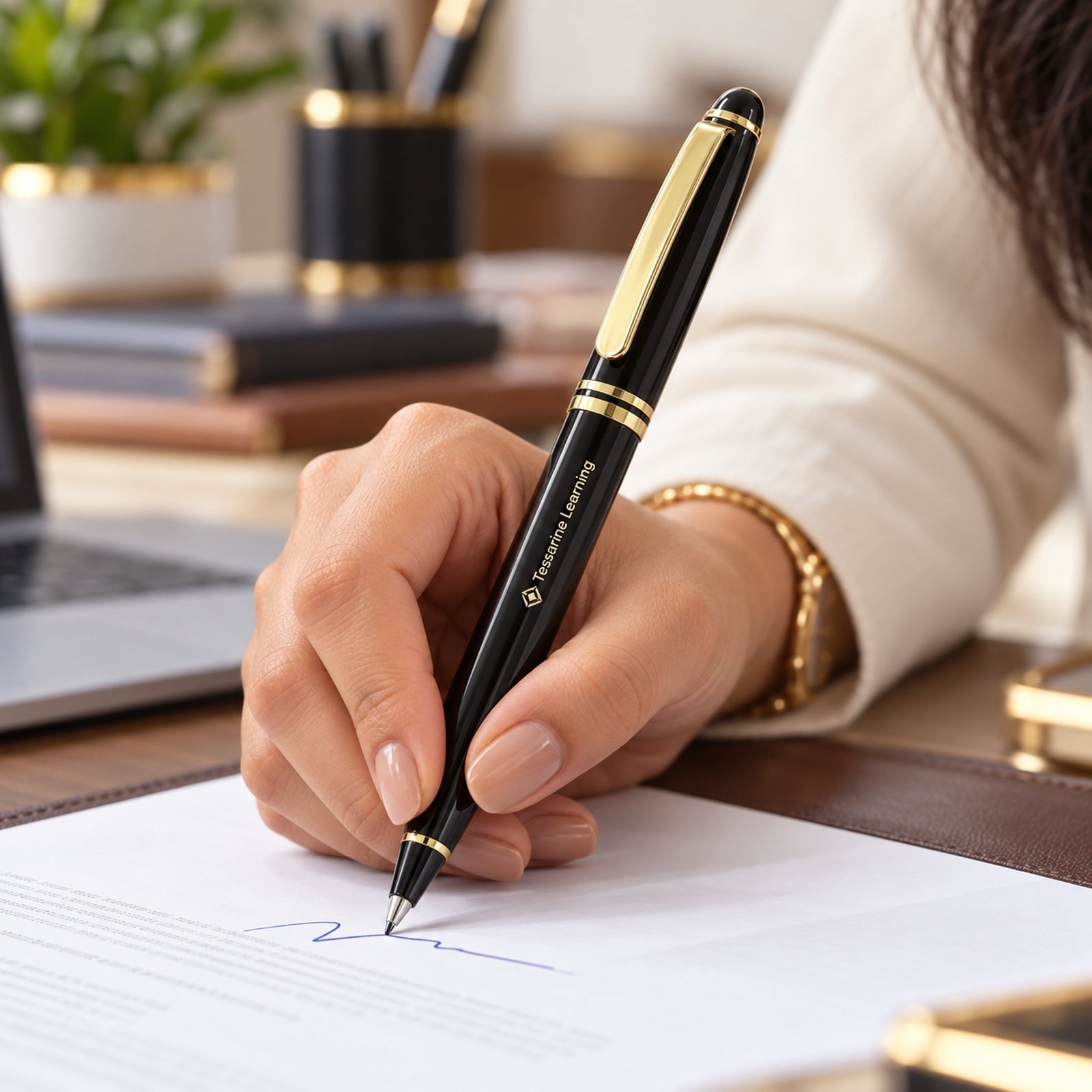 Click to zoom Black Lacquer Roller Pen with Gold Rings, customised with a company logo