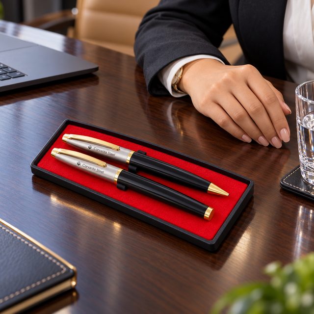 Black & Silver Ball & Roller Pen Set in Red Tray, customised with a company logo