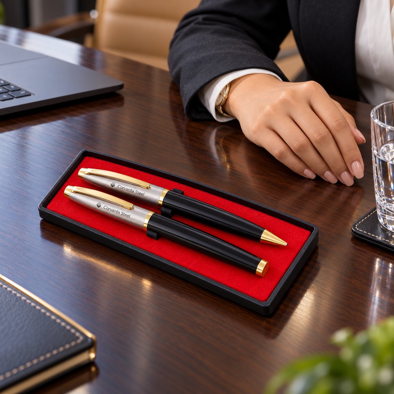 Click to zoom Black & Silver Ball & Roller Pen Set in Red Tray, customised with a company logo