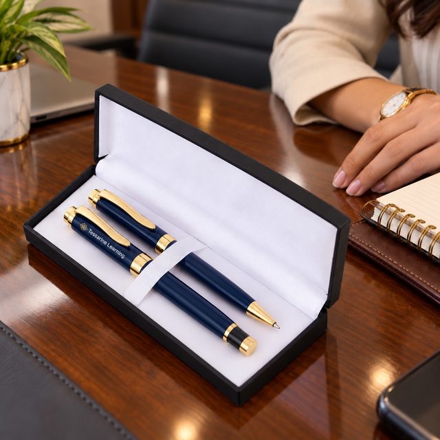Navy & Gold Ball & Roller Pen Set, customised with a company logo