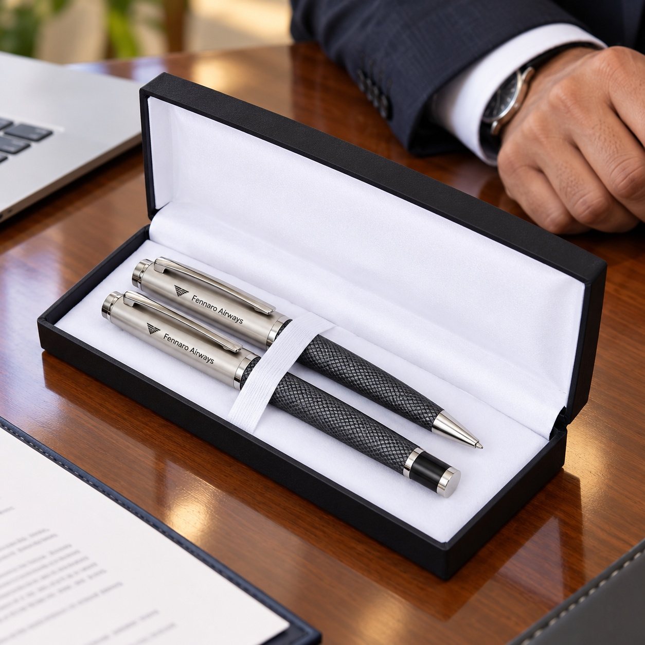 Click to zoom Carbon & Silver Ball & Roller Pen Set, customised with a company logo
