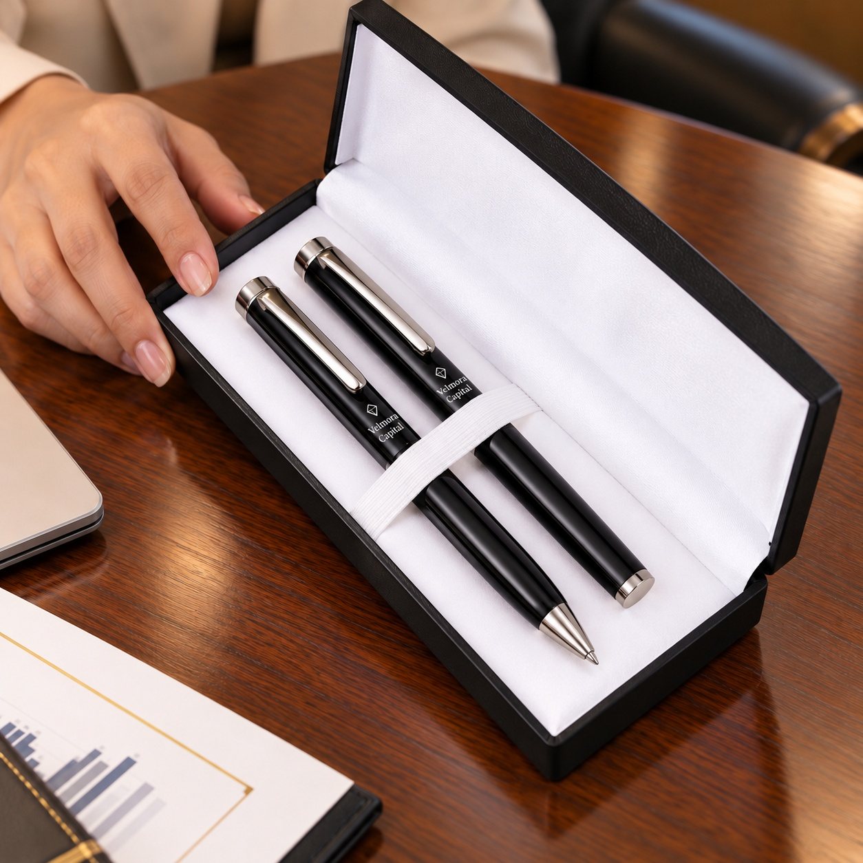 Click to zoom Black & Silver Ball & Roller Pen Set, customised with a company logo