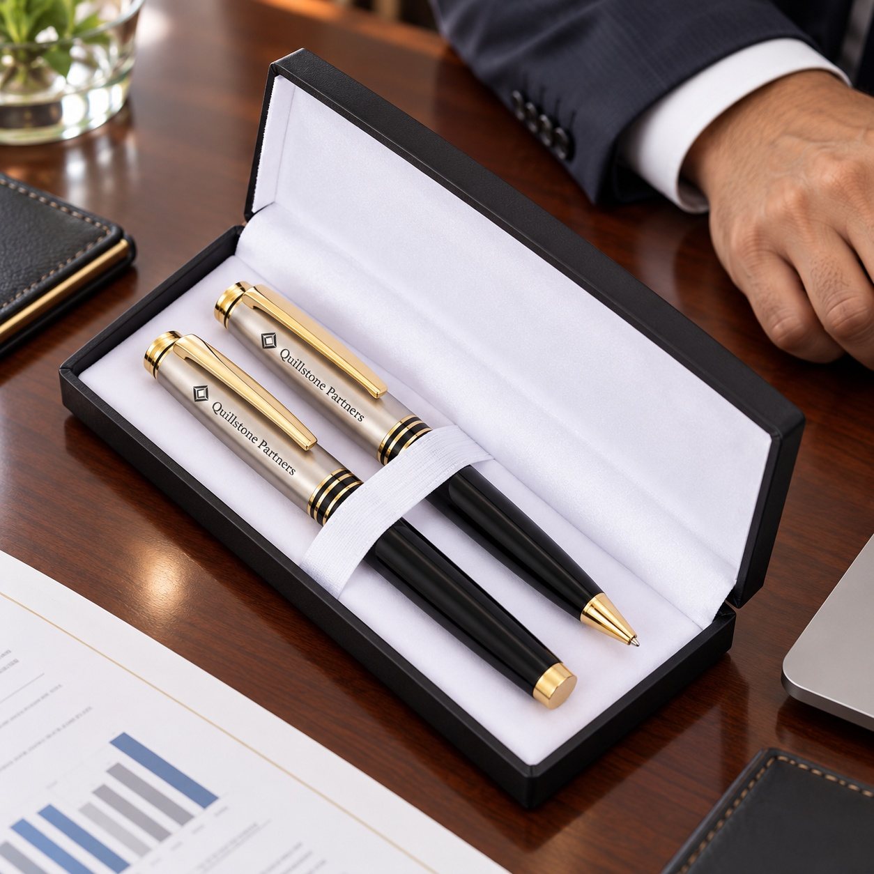 Click to zoom Black, Silver & Gold Ball & Roller Pen Set, customised with a company logo