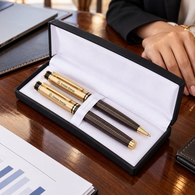 Brown & Gold Ball & Roller Pen Set, customised with a company logo