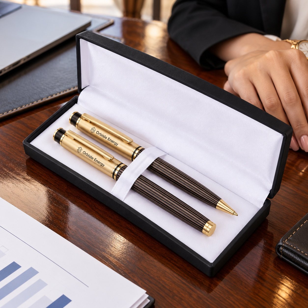 Click to zoom Brown & Gold Ball & Roller Pen Set, customised with a company logo