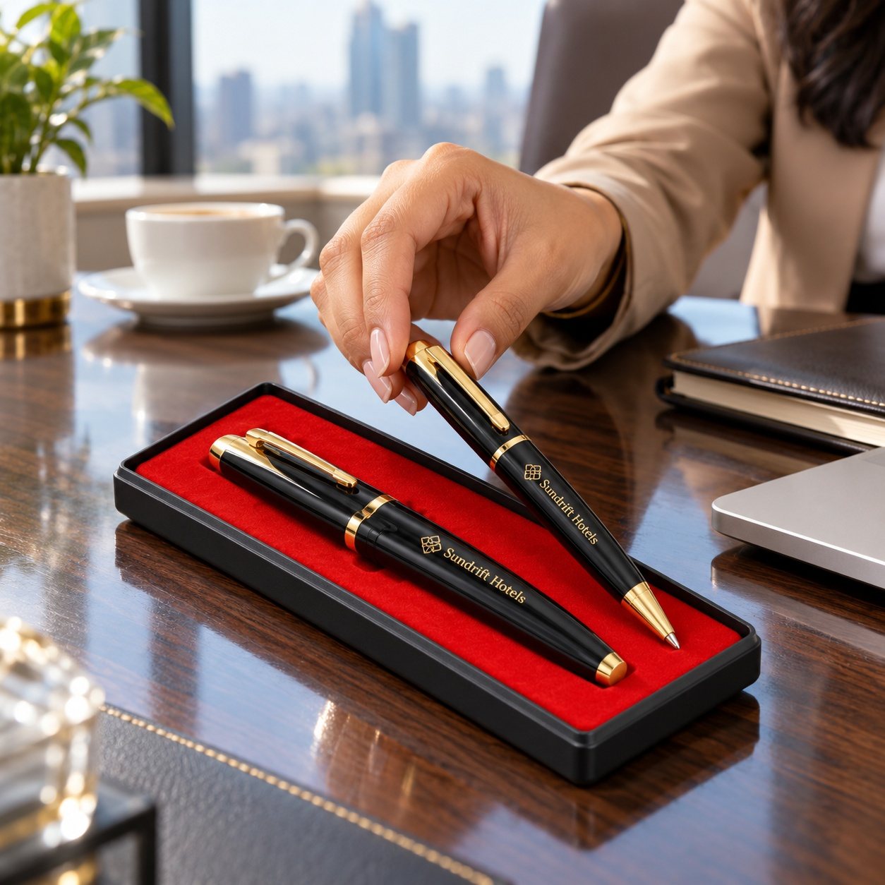 Click to zoom Black & Gold Ball & Roller Pen Set in Red Tray, customised with a company logo