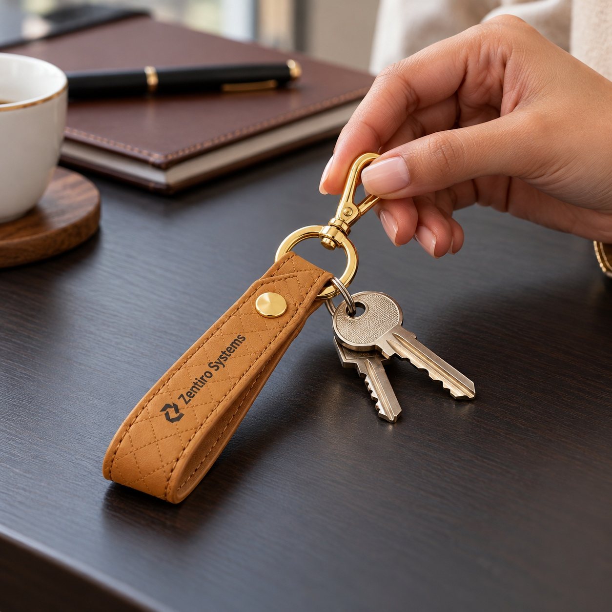 Click to zoom Leatherette Strap Keychain with Gold Hook, customised with a company logo