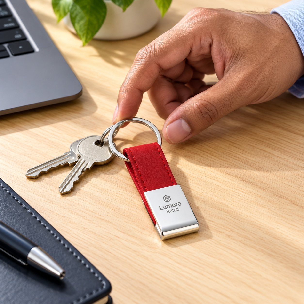 Click to zoom Red Leatherette & Silver Plate Keychain, customised with a company logo