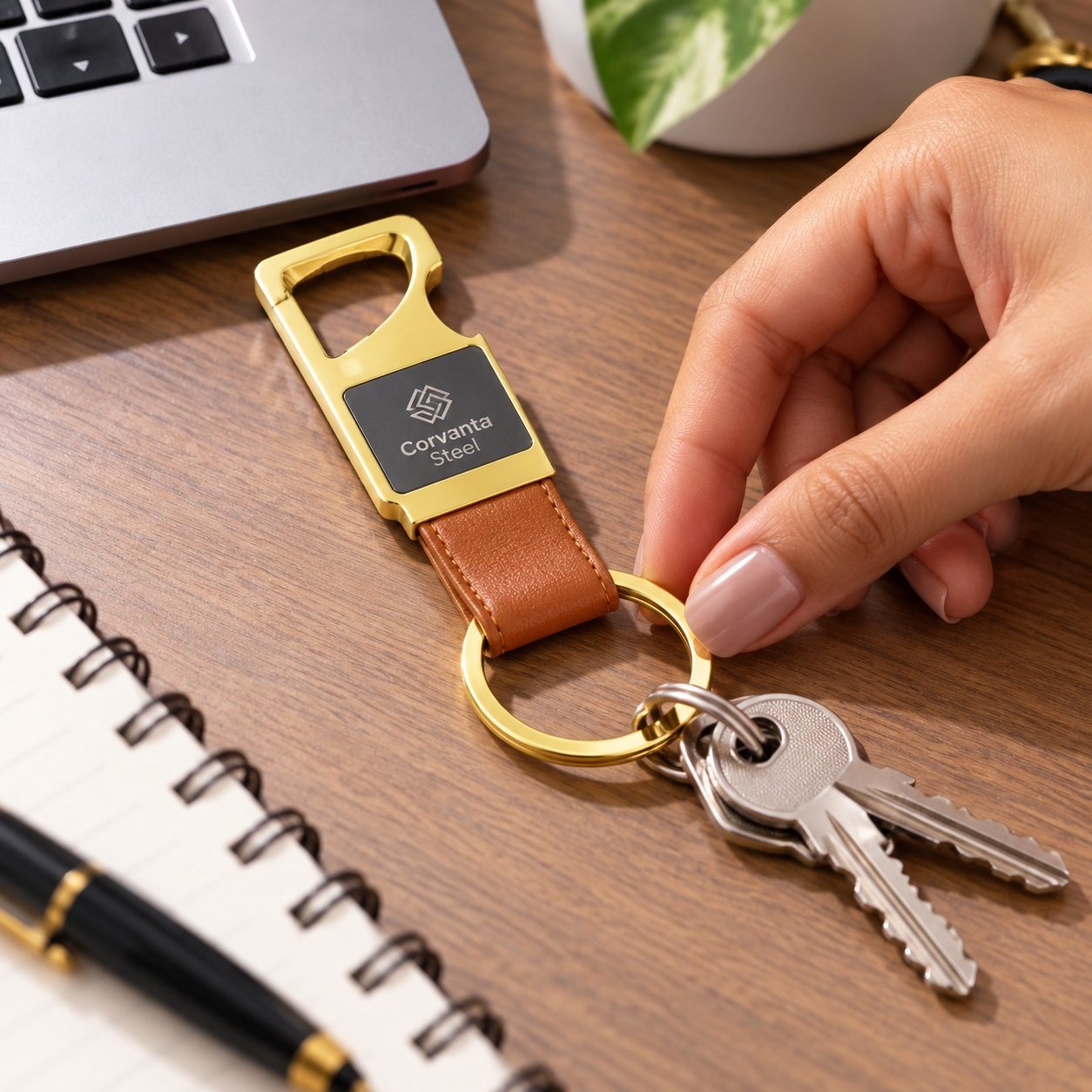 Click to zoom Tan Leatherette Bottle-Opener Keychain, customised with a company logo