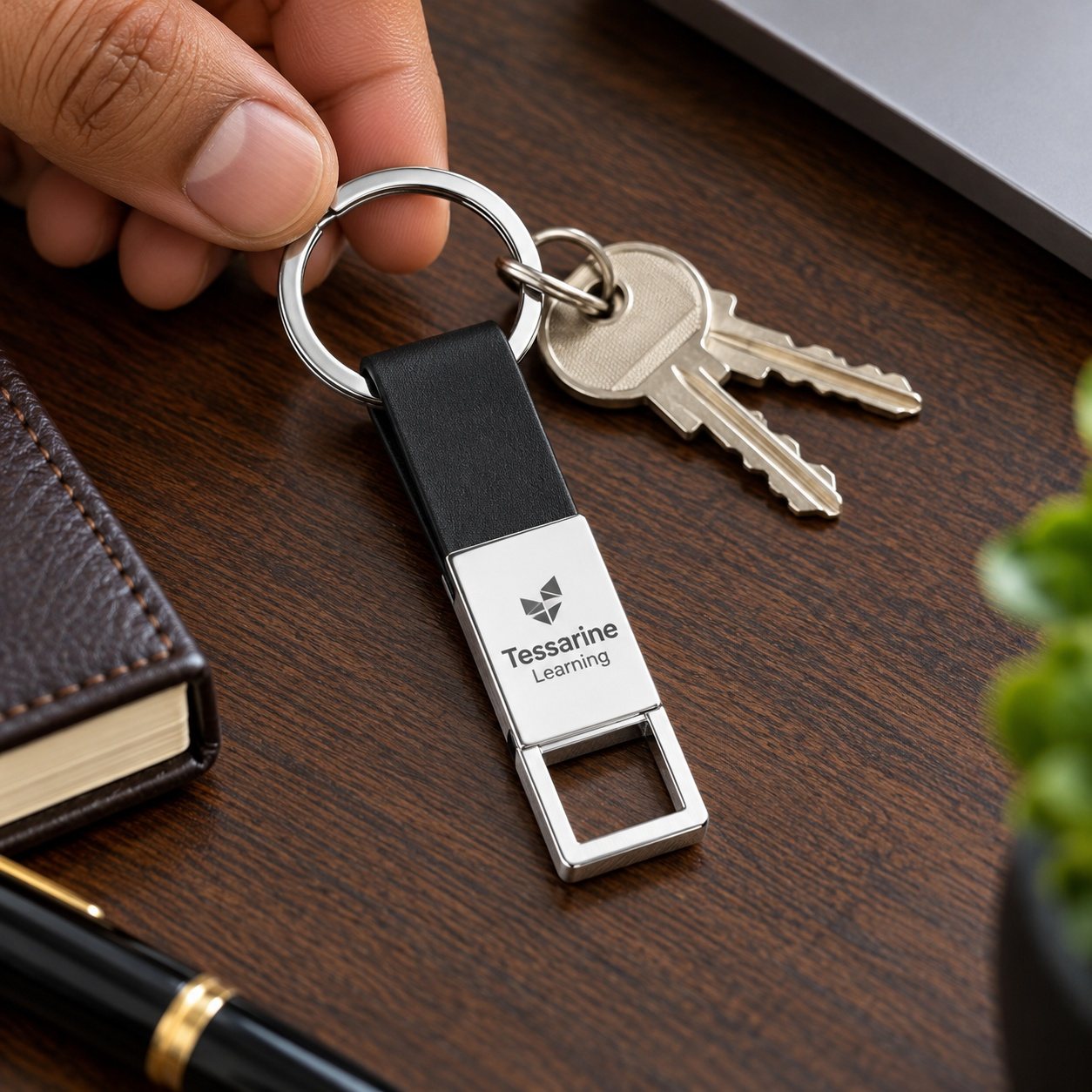 Click to zoom Black Leatherette & Silver Plate Keychain, customised with a company logo