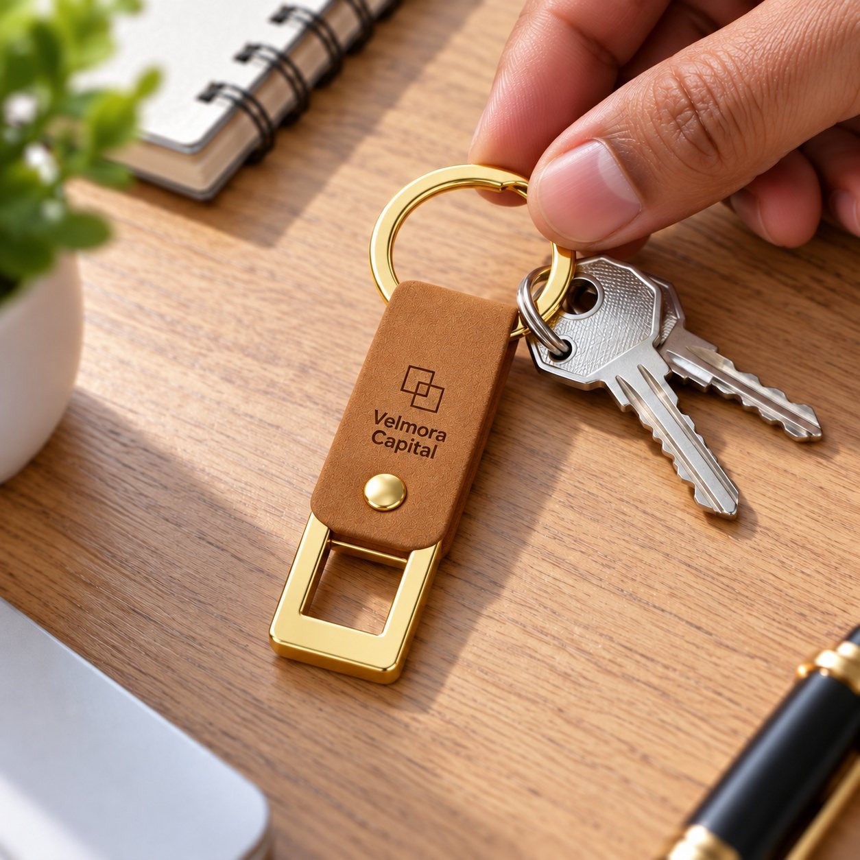 Click to zoom Tan Leatherette & Gold Loop Keychain, customised with a company logo