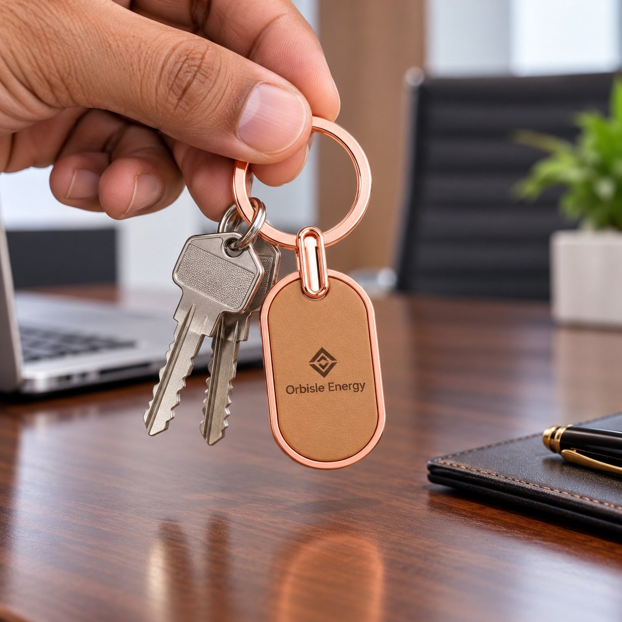 Rose Gold & Tan Oval Keychain, customised with a company logo