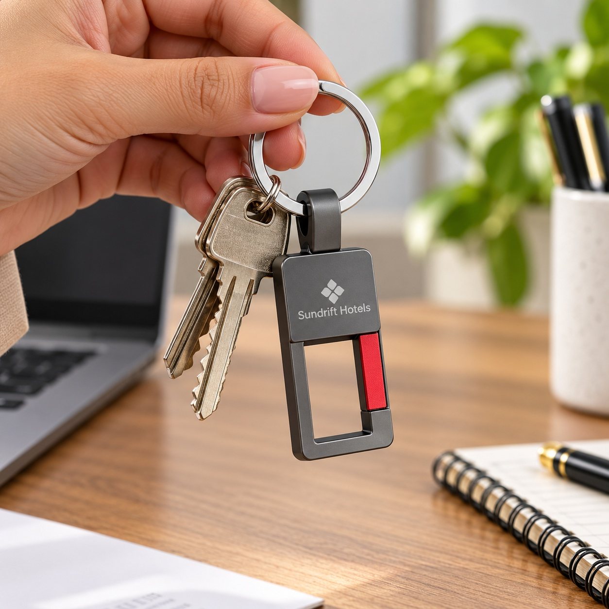 Click to zoom Gunmetal Keychain with Red Accent, customised with a company logo