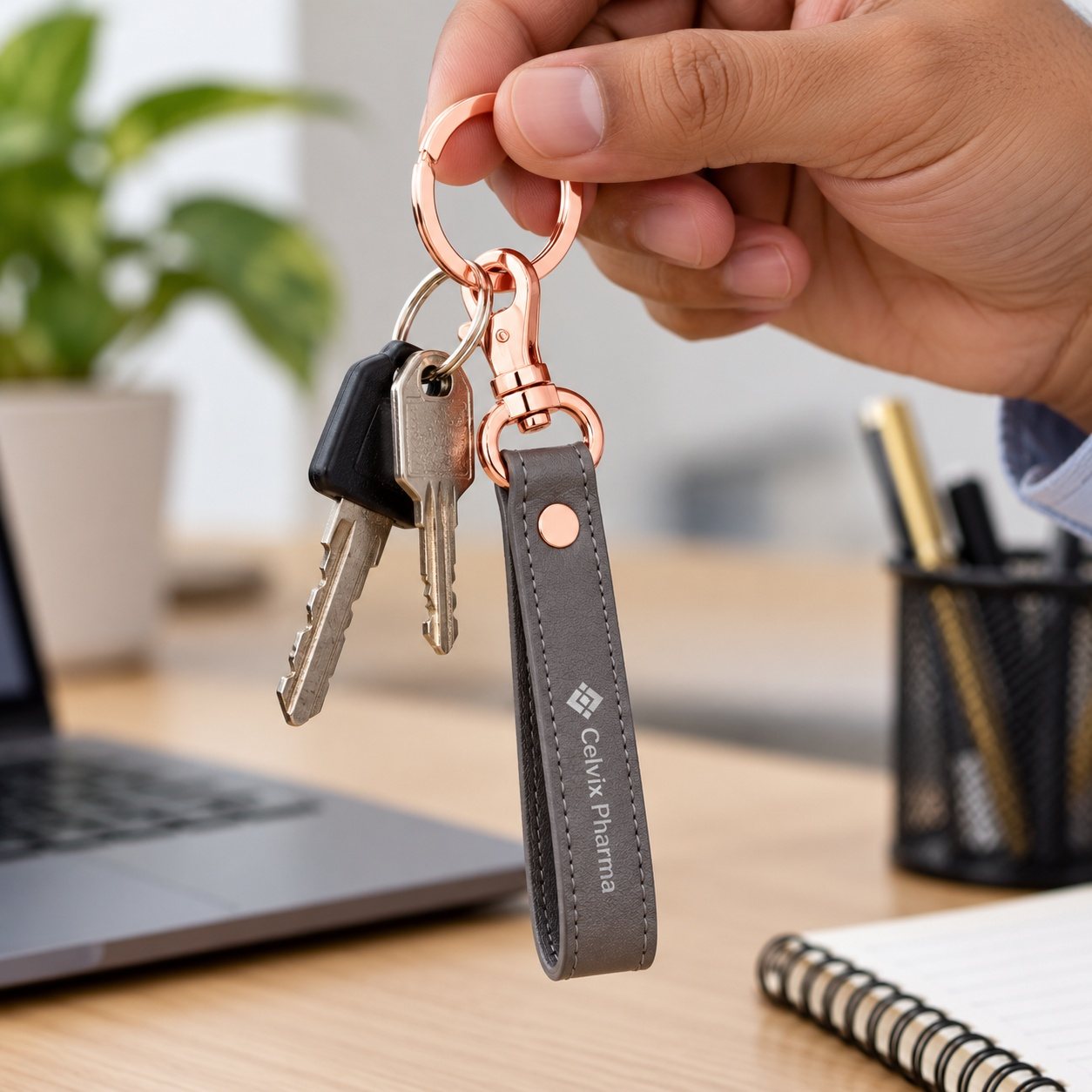Click to zoom Grey Strap Keychain with Rose Gold Hook, customised with a company logo