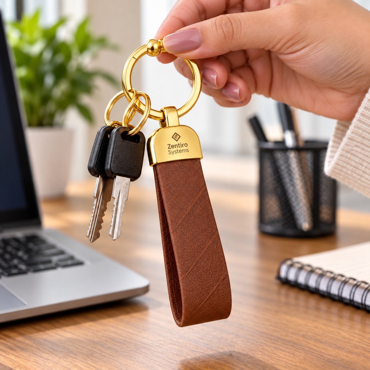 Click to zoom Brown Strap Keychain with Gold Cap, customised with a company logo