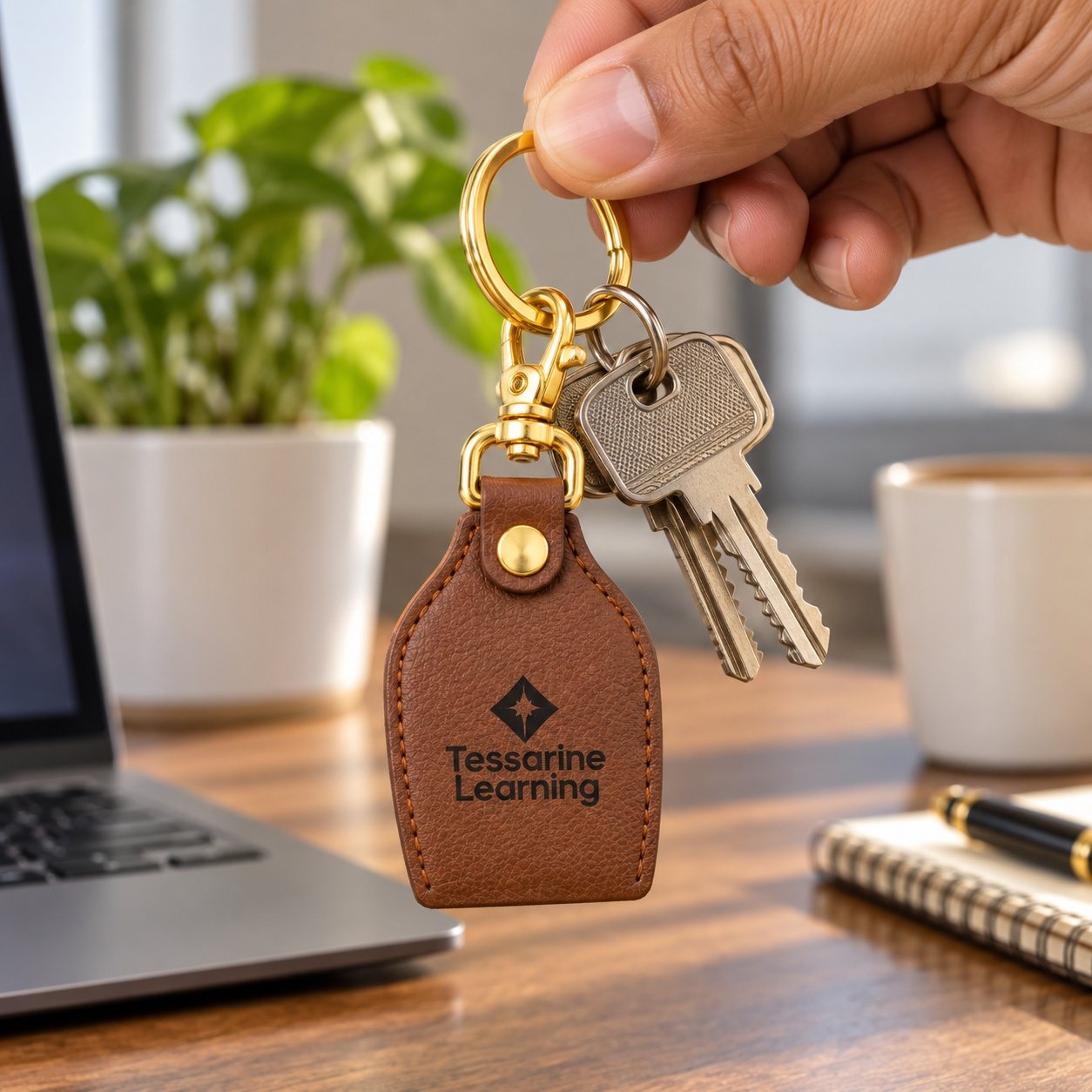 Click to zoom Brown Leatherette Tag Keychain, customised with a company logo