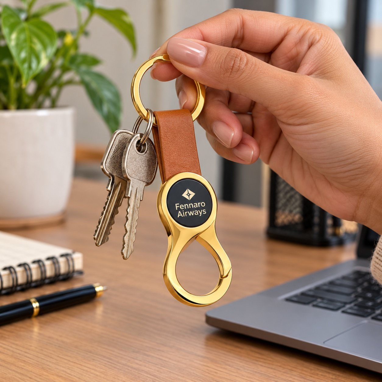 Tan Leatherette & Gold Disc Keychain, customised with a company logo