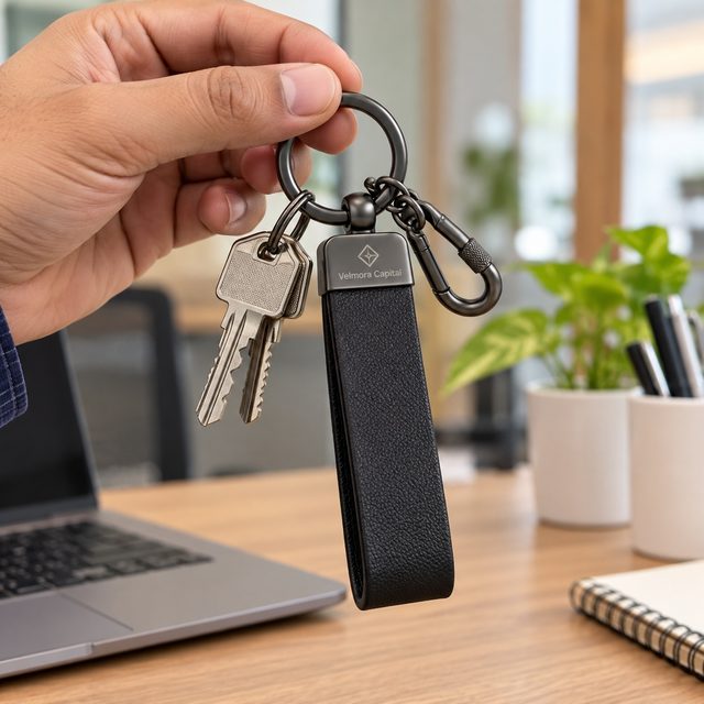 Black Strap Keychain with Gunmetal Fittings, customised with a company logo