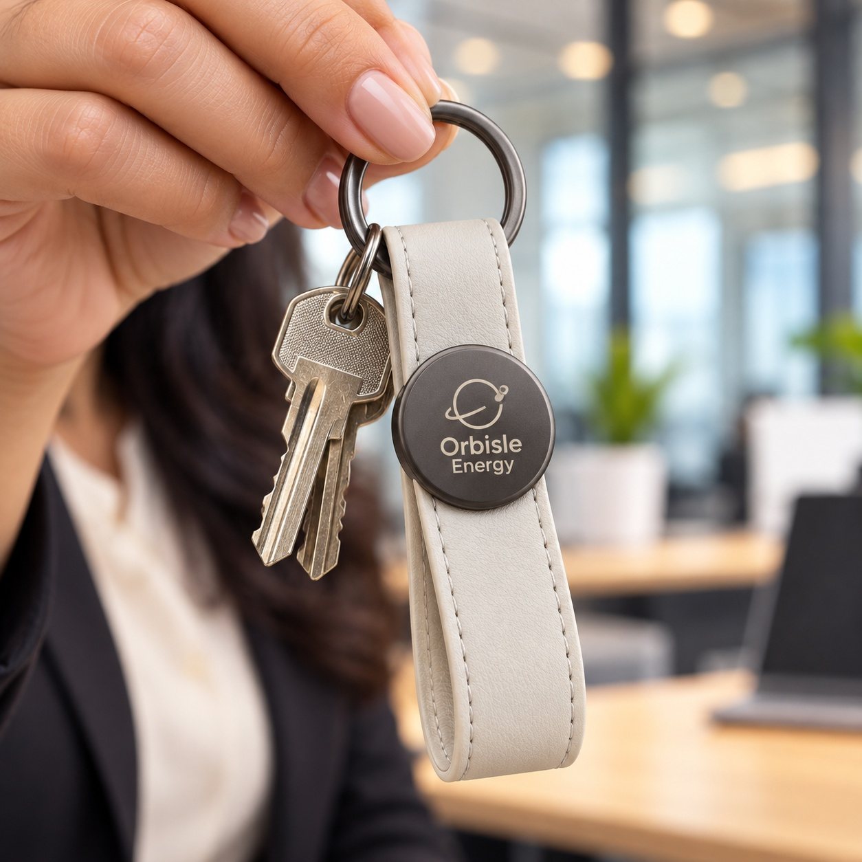 Cream Strap Keychain with Round Metal Disc, customised with a company logo