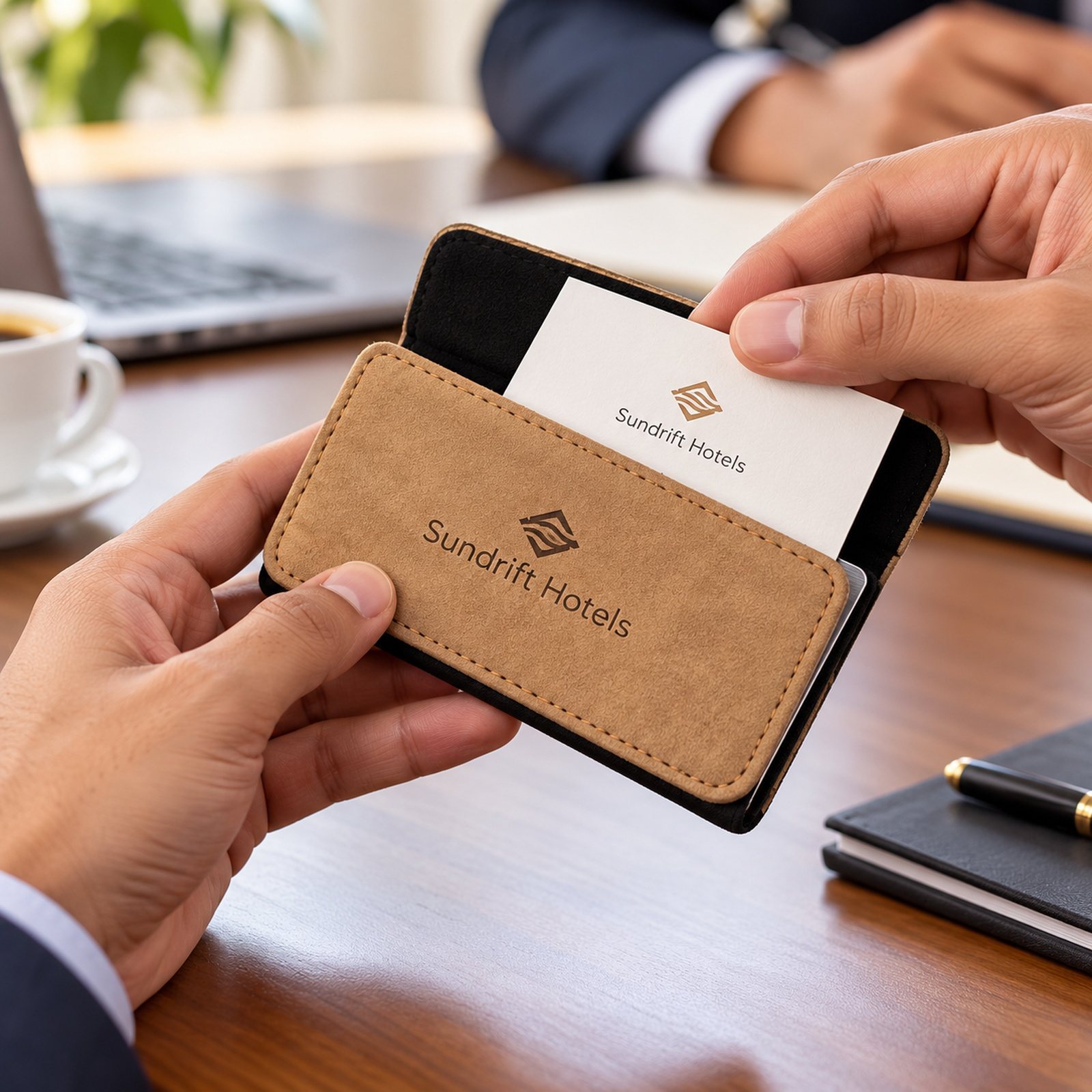 Tan Leatherette Flip Visiting Card Holder, customised with a company logo
