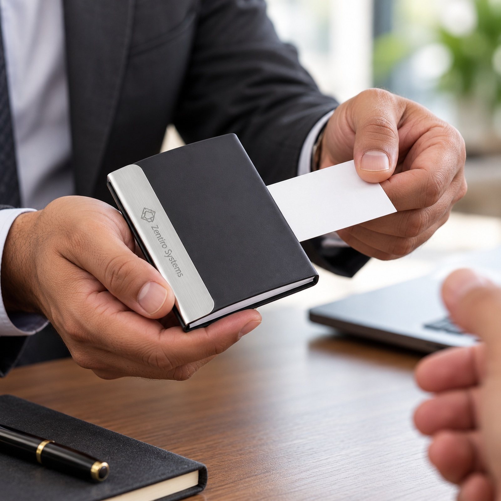 Click to zoom Slim Black & Silver Visiting Card Holder, customised with a company logo