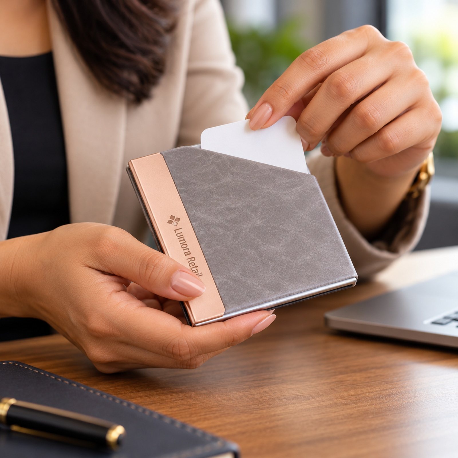 Click to zoom Grey & Rose Gold Visiting Card Holder, customised with a company logo