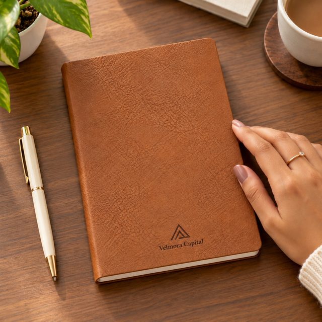 Tan A5 Notebook, 160 Pages, customised with a company logo