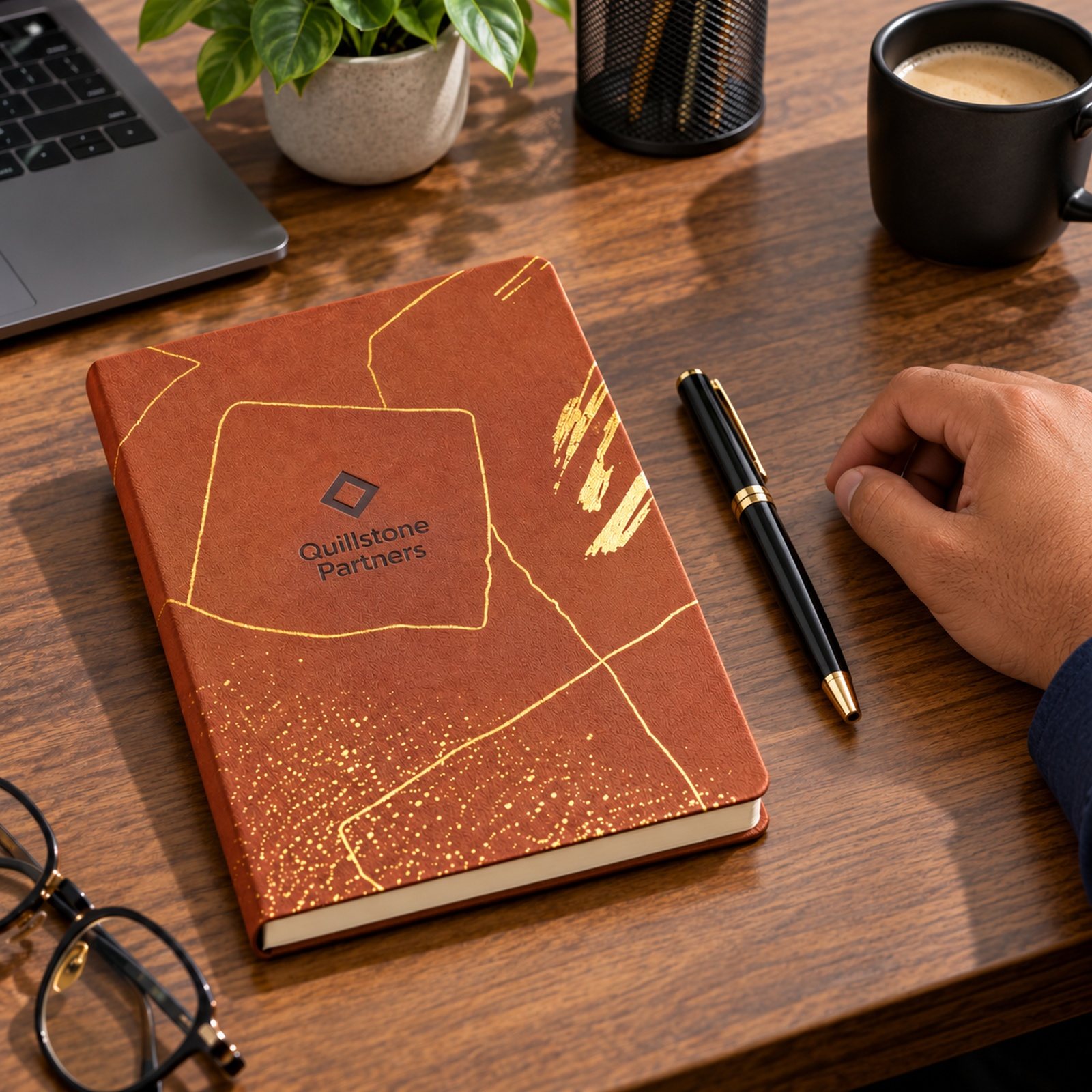 Rust & Gold Print A5 Notebook, 192 Pages, customised with a company logo